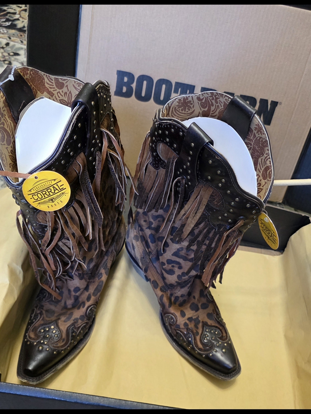 Corral Leopard Print Fringe Western Boots - Brown